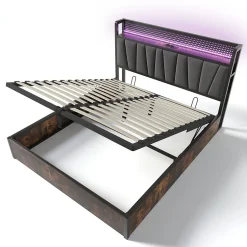Gutent Lit adulte lit 160x200 cm lit sommier à lattes en bois lit éclairage led lit en métal lit double lin gris