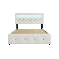 Gutent Lit adulte lit 140x200cm(90x190cm) lit rembourré avec rallonge de lit et 2 tiroirs lit double lin blanc