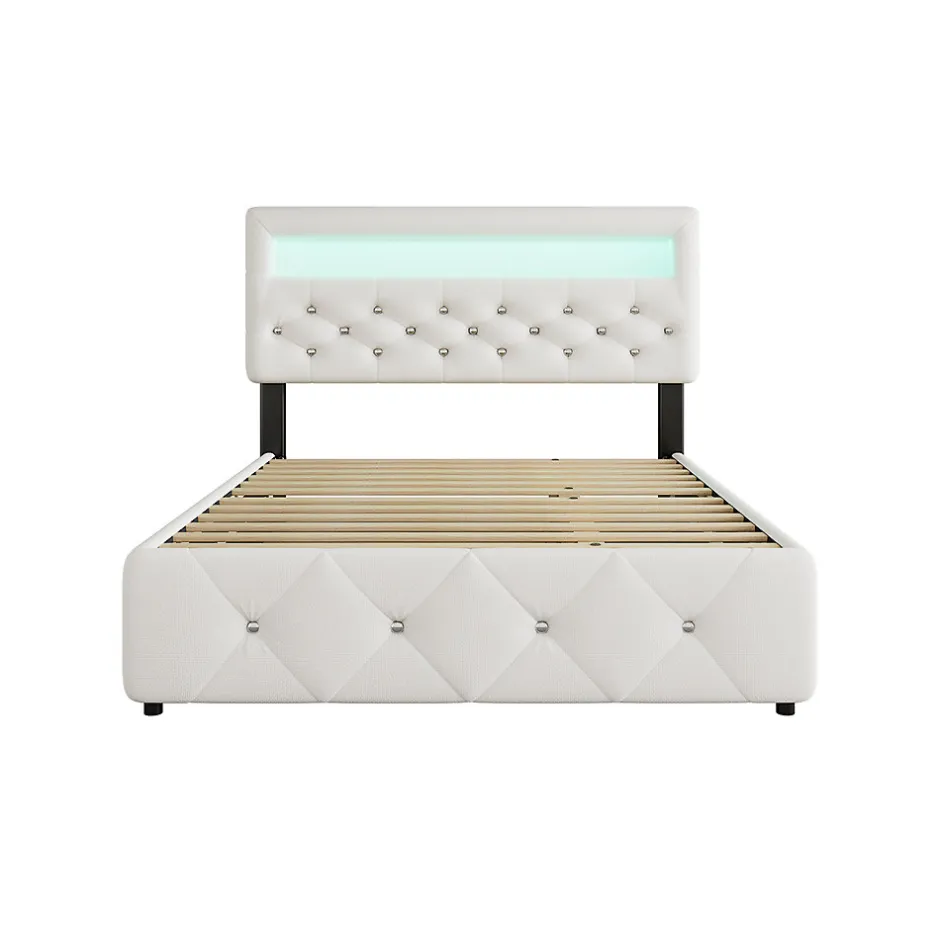 Gutent Lit adulte lit 140x200cm(90x190cm) lit rembourré avec rallonge de lit et 2 tiroirs lit double lin blanc
