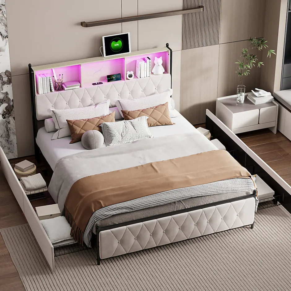 Simple Life Lit adulte rembourré avec LED et USB, 4 tiroirs, sommier à lattes, velours, 180x200cm, Beige