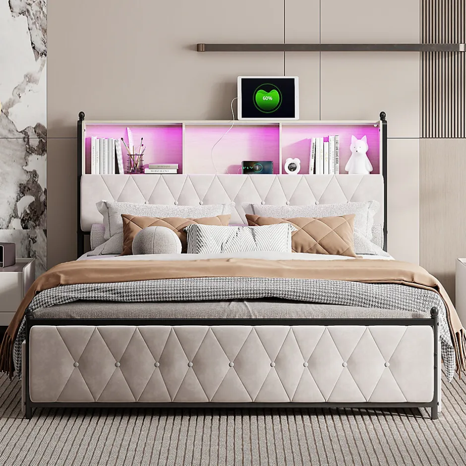 Simple Life Lit adulte rembourré avec LED et USB, 4 tiroirs, sommier à lattes, velours, 180x200cm, Beige