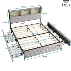 Simple Life Lit adulte rembourré avec LED et USB, 4 tiroirs, sommier à lattes, velours, 180x200cm, Beige