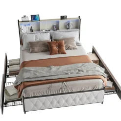 Simple Life Lit adulte rembourré avec LED et USB, 4 tiroirs, sommier à lattes, velours, 180x200cm, Beige