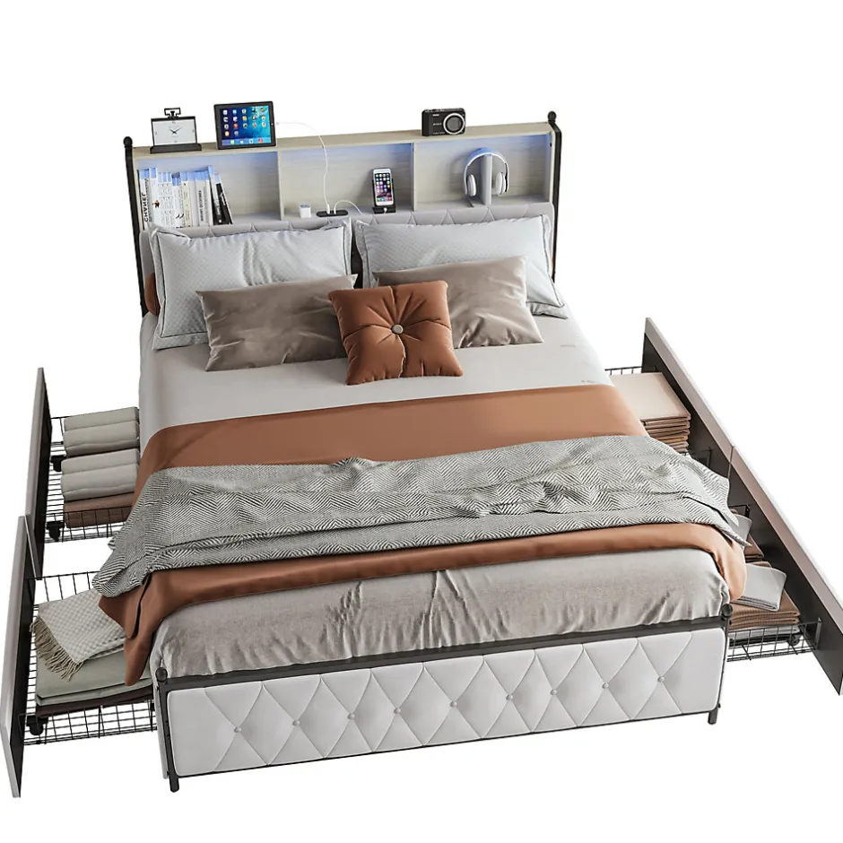 Simple Life Lit adulte rembourré avec LED et USB, 4 tiroirs, sommier à lattes, velours, 180x200cm, Beige