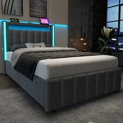 ModernLuxe Lit adulte rembourré 90x200 cm en lin - 2 tiroirs - avec fonction de charge et éclairage LED - Gris Online