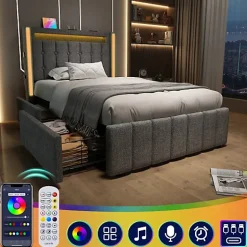 ModernLuxe Lit adulte rembourré 90x200 cm en lin - 2 tiroirs - avec fonction de charge et éclairage LED - Gris Online