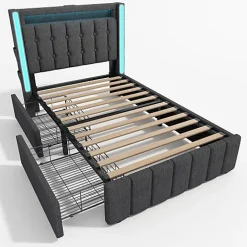 ModernLuxe Lit adulte rembourré 90x200 cm en lin - 2 tiroirs - avec fonction de charge et éclairage LED - Gris Online