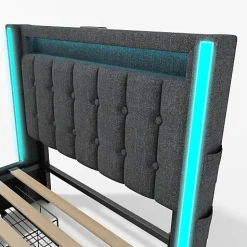 ModernLuxe Lit adulte rembourré 90x200 cm en lin - 2 tiroirs - avec fonction de charge et éclairage LED - Gris Online