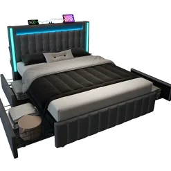 ModernLuxe Lit adulte rembourré 160x200 cm en lin - 2 tiroirs - avec fonction de charge et éclairage LED - Gris Sale