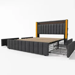 ModernLuxe Lit adulte rembourré 160x200 cm en lin - 2 tiroirs - avec fonction de charge et éclairage LED - Gris Sale