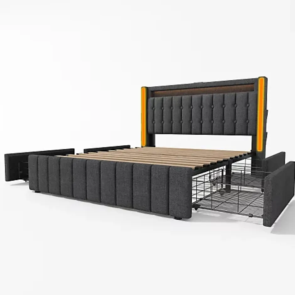 ModernLuxe Lit adulte rembourré 160x200 cm en lin - 2 tiroirs - avec fonction de charge et éclairage LED - Gris Sale