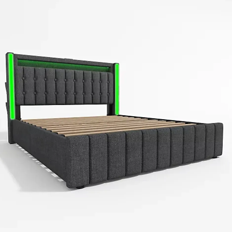 ModernLuxe Lit adulte rembourré 160x200 cm en lin - 2 tiroirs - avec fonction de charge et éclairage LED - Gris Sale