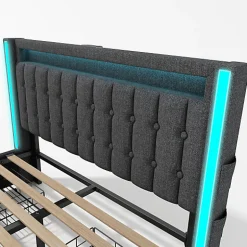 ModernLuxe Lit adulte rembourré 160x200 cm en lin - 2 tiroirs - avec fonction de charge et éclairage LED - Gris Sale