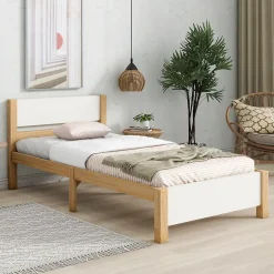 ProximaX Lit adulte simple en bois - cadre en pin avec tête de lit et sommier à lattes lit en MDF blanc + naturel - 90x200 cm Discount