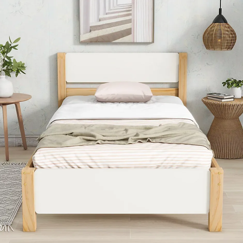 ProximaX Lit adulte simple en bois - cadre en pin avec tête de lit et sommier à lattes lit en MDF blanc + naturel - 90x200 cm Discount