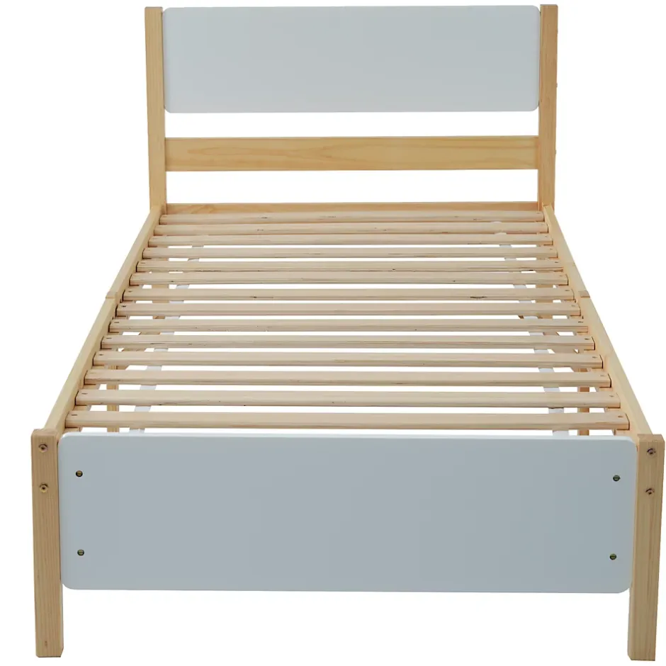 ProximaX Lit adulte simple en bois - cadre en pin avec tête de lit et sommier à lattes lit en MDF blanc + naturel - 90x200 cm Discount