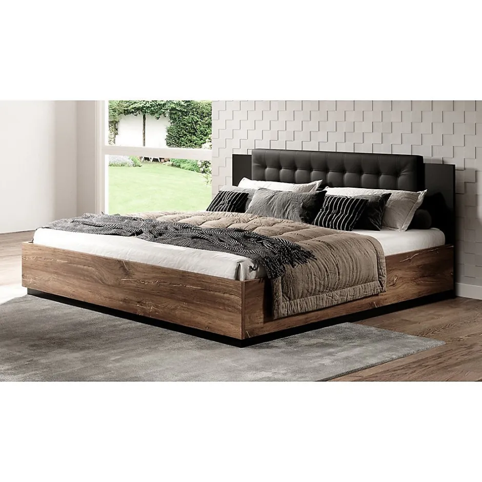 Meublorama Lit adulte 140x200 Chene foncé et noir Collection FOX Sommier inclus