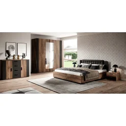 Meublorama Lit adulte 160x200 Chene foncé et noir Collection FOX Sommier inclus