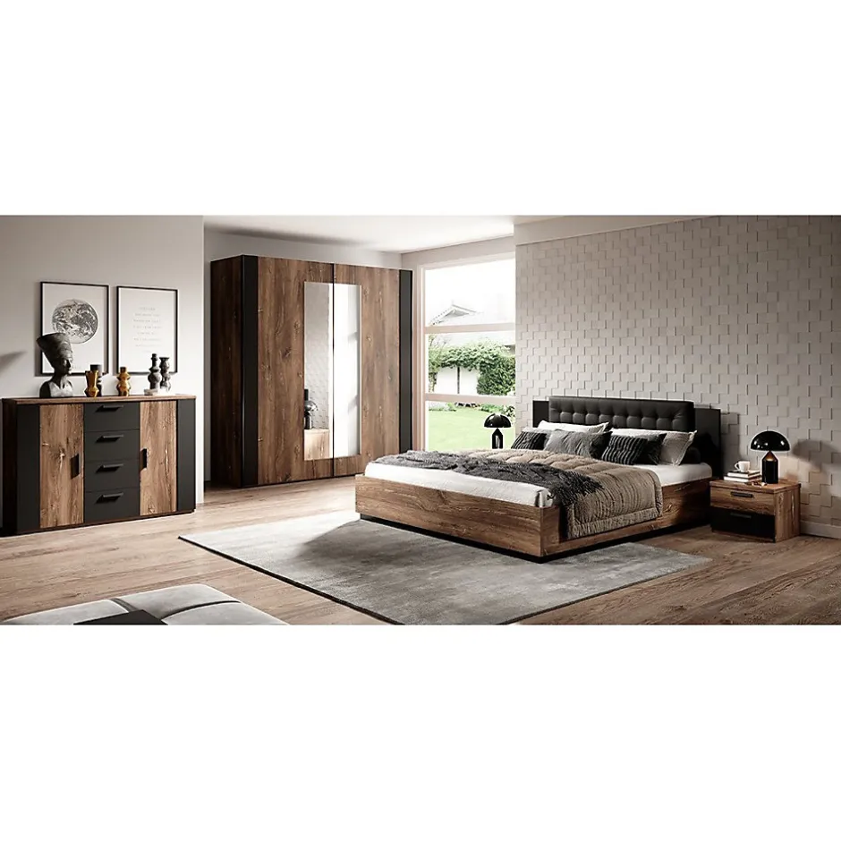 Meublorama Lit adulte 160x200 Chene foncé et noir Collection FOX Sommier inclus