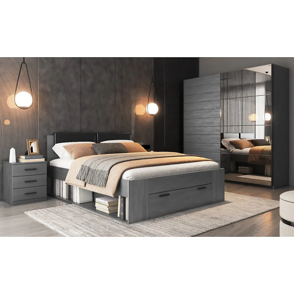 Meublorama Lit adulte 140x200 avec sommier et tiroirs intégrés - Collection FLOYD. Coloris gris effet bois.