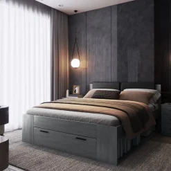 Meublorama Lit adulte 160x200 avec sommier et tiroirs intégrés - Collection FLOYD. Coloris gris effet bois. Discount