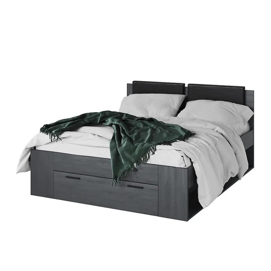 Meublorama Lit adulte 160x200 avec sommier et tiroirs intégrés - Collection FLOYD. Coloris gris effet bois. Discount