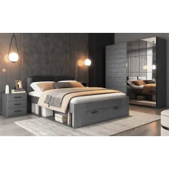 Meublorama Lit adulte 160x200 avec sommier et tiroirs intégrés - Collection FLOYD. Coloris gris effet bois. Discount