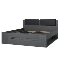 Meublorama Lit adulte 180x200 avec sommier et tiroirs intégrés - Collection FLOYD. Coloris gris effet bois. Outlet
