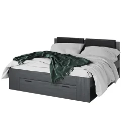 Meublorama Lit adulte 180x200 avec sommier et tiroirs intégrés - Collection FLOYD. Coloris gris effet bois. Outlet