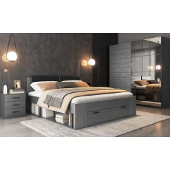 Meublorama Lit adulte 180x200 avec sommier et tiroirs intégrés - Collection FLOYD. Coloris gris effet bois. Outlet