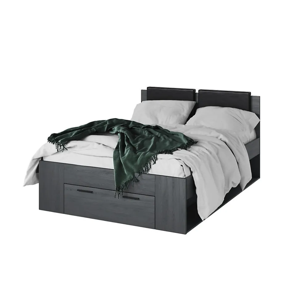 Meublorama Lit adulte 140x200 avec tiroirs intégrés - Collection FLOYD. Coloris gris effet bois