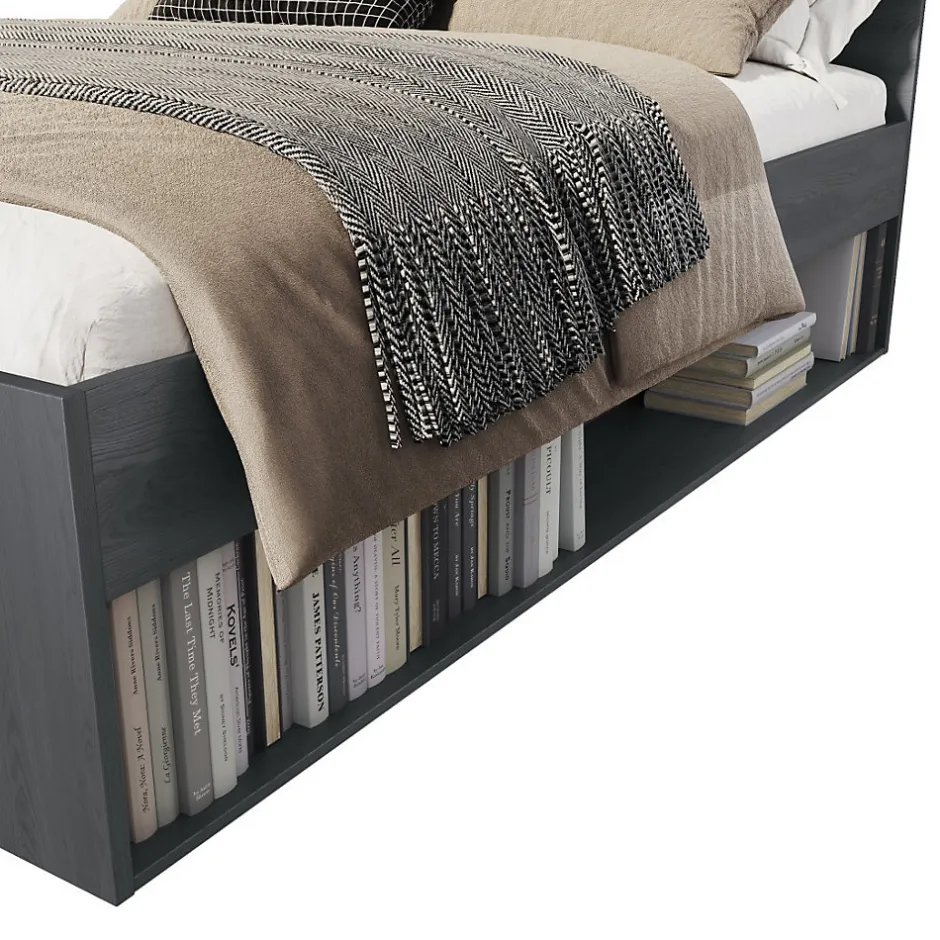 Meublorama Lit adulte 140x200 avec tiroirs intégrés - Collection FLOYD. Coloris gris effet bois