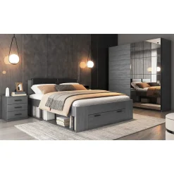 Meublorama Lit adulte 140x200 avec tiroirs intégrés - Collection FLOYD. Coloris gris effet bois