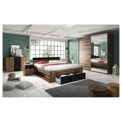 Meublorama Lit adulte 180x200 avec tiroirs intégrés - Collection EOS. Coloris chene foncé et noir