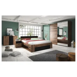 Meublorama Lit adulte 180x200 avec tiroirs intégrés - Collection EOS. Coloris chene foncé et noir