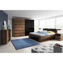 Meublorama Lit adulte 160x200 avec tiroirs intégrés - Collection FLOYD. Coloris chene foncé et noir Clearance