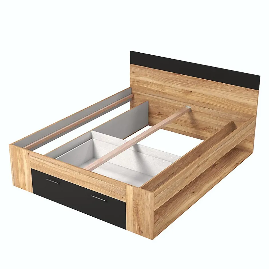 Meublorama Lit adulte 160x200 avec tiroirs intégrés, sommier inclus, collection EOS, chene clair et noir