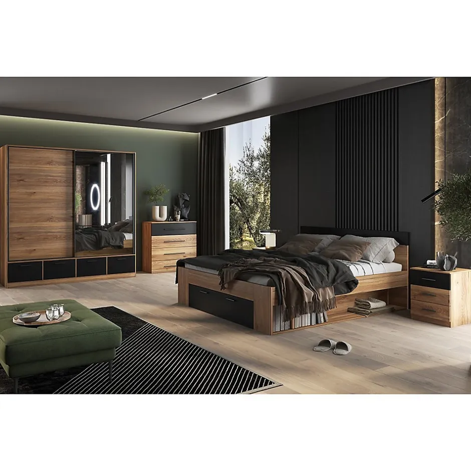 Meublorama Lit adulte 180x200 avec tiroirs intégrés - Collection EOS. Coloris chene clair et noir. Best
