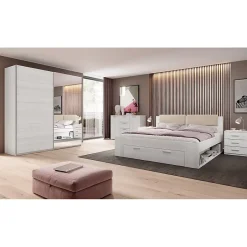 Meublorama Lit adulte 180x200 avec tiroirs intégrés - Collection FLOYD. Coloris blanc effet bois. Sale
