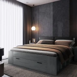 Meublorama Lit adulte 180x200 avec tiroirs intégrés - Collection FLOYD, Coloris gris effet bois