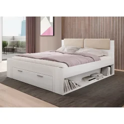 Meublorama Lit adulte 180x200 avec tiroirs intégrés - Collection FLOYD, Coloris blanc effet bois Sale