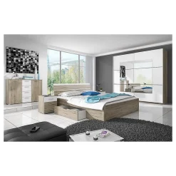 Meublorama Lit adulte 180x200 avec tiroirs intégrés - Collection EOS. Coloris chene clair et blanc Best