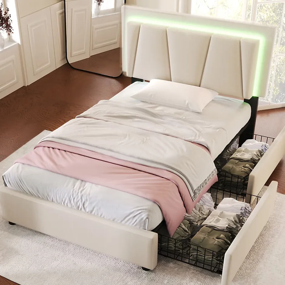 Generique Lit Adulte 90x200 cm avec LED et Tiroirs - Lit Capitonné avec Tête Réglable et Rangement - en Lin Beige, Sans Matelas Outlet