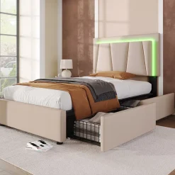 Generique Lit Adulte 90x200 cm avec LED et Tiroirs - Lit Capitonné avec Tête Réglable et Rangement - en Lin Beige, Sans Matelas Outlet