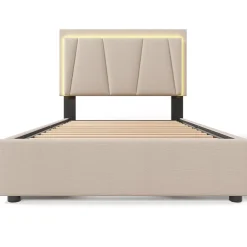 Generique Lit Adulte 90x200 cm avec LED et Tiroirs - Lit Capitonné avec Tête Réglable et Rangement - en Lin Beige, Sans Matelas Outlet