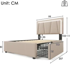 Generique Lit Adulte 90x200 cm avec LED et Tiroirs - Lit Capitonné avec Tête Réglable et Rangement - en Lin Beige, Sans Matelas Outlet