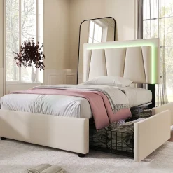 Generique Lit Adulte 90x200 cm avec LED et Tiroirs - Lit Capitonné avec Tête Réglable et Rangement - en Lin Beige, Sans Matelas Outlet