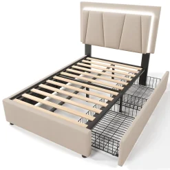 Generique Lit Adulte 90x200 cm avec LED et Tiroirs - Lit Capitonné avec Tête Réglable et Rangement - en Lin Beige, Sans Matelas Outlet