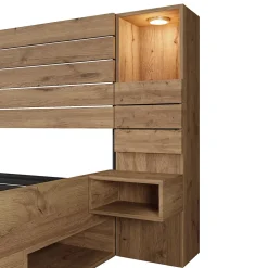 ModernLuxe Lit adulte 180x200 cm en bois + MDF - avec table de chevet suspendue - LED + prises chargement - Naturel (sans matelas) New