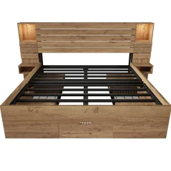 ModernLuxe Lit adulte 160x200 cm en bois+MDF - avec table de chevet suspendue - LED + prises chargement - Naturel (sans matelas) Clearance